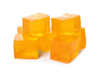 Tasty jelly cubes on white background