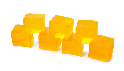 Tasty jelly cubes on white background