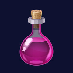Bottle with liquid purple potion magic elixir game icon GUI. Vector illstration for app games user interface