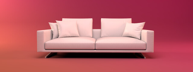 Indoor mockup,pink living room with a white sofa and cushions.  3D rendering illustration. Real estate, interior design decoration concept.