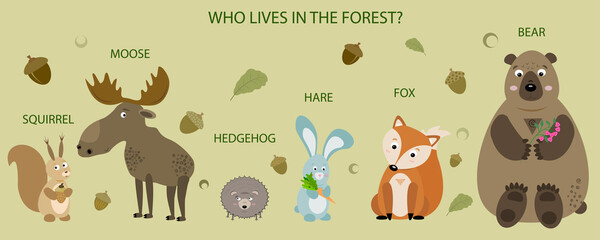 Illustration for children on the theme: "Who lives in the forest?"It can be used in children's educational books.