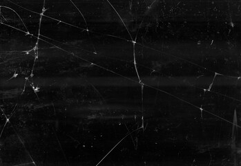 Shattered texture background. Broken window. Black fractured faded dirty screen with dust scratches...