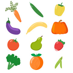 set of isolated vegetables and fruits. for children's books, educational aids, price tags, advertising. Vector illustration in flat style.