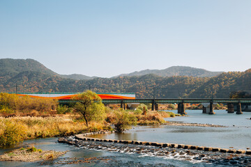 Fototapeta na wymiar Miryang river and mountain at autumn in Miryang, Korea