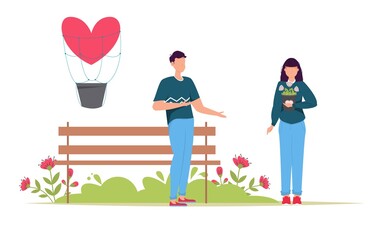 Valentines day romantic dating gift card. Lovers relationship two people. Loving couple holding gift.