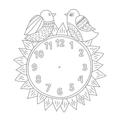Coloring black and white. A clock in the shape of a sunflower with two small birds.