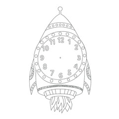 Coloring black and white. Rocket clock. For boys.