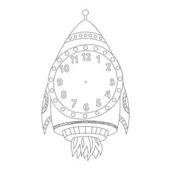 Coloring black and white. Rocket clock. For boys.