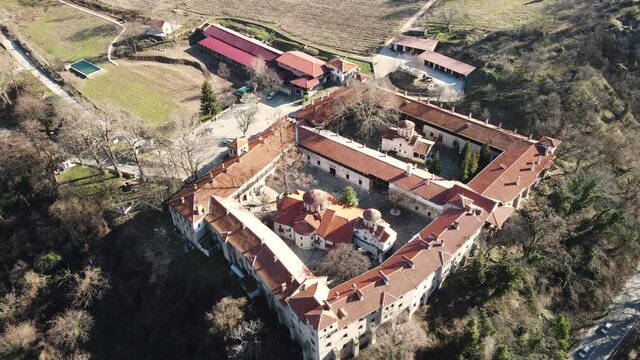 Aerial view of Medieval Bachkovo Monastery Dormition of the Mother of God, Bulgaria