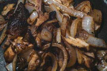Chicken and onion stir fry close up