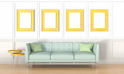 Indoor mockup,white living room with a blank picture frames,  side tables, sofa and cushions.  3D rendering illustration. Real estate, interior design decoration concept.