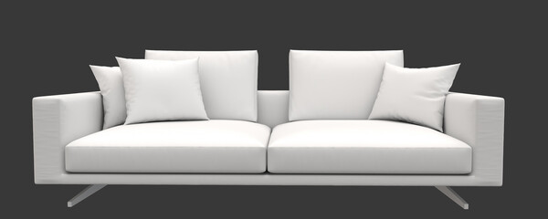 Indoor design white sofa and cushions.  3D rendering illustration. Real estate, interior design decoration concept.