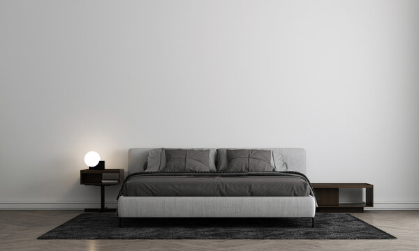 mock up poster frame in modern interior and empty white background, Minimal bedroom, Scandinavian style, 3D render, 3D illustration