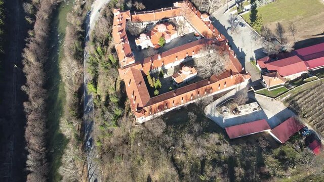 Aerial view of Medieval Bachkovo Monastery Dormition of the Mother of God, Bulgaria