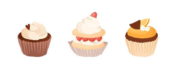Set of pastries in cupcake paper. Vanilla and chocolate cakes decorated with whipped cream, berries and orange slice. Sweet sugar desserts. Colored vector illustration isolated on white background