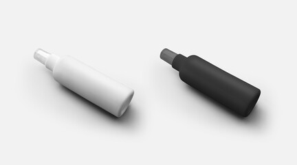 Template of a matte white, black bottle with a dispenser, with a lid, packaging for liquid, antiseptic, for presentation of design.