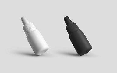 Template of empty white, black jars for drops, bottle with dropper, for design presentation, advertising in a pharmacy, cosmetology.