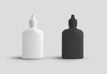 Mockup of plastic white, black jar with lid, dropper for nose, eyes, ears, bottle for liquid, medicine, glue, isolated on background.