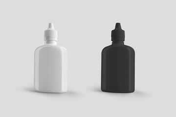 Mockup of a plastic white, black bottle with a screw cap, a jar with a pipette, isolated on...