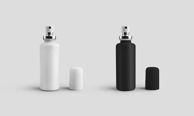 Mockup of a white, black spray bottle, for liquid, perfume, antiseptic, plastic matte vial for...