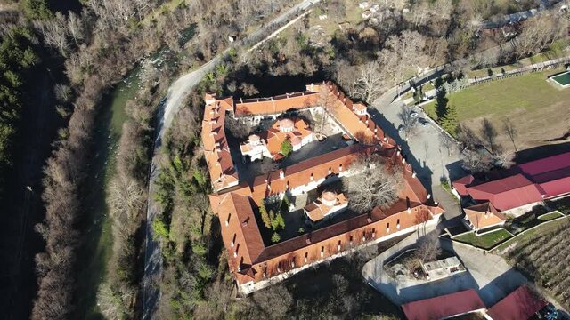 Aerial view of Medieval Bachkovo Monastery Dormition of the Mother of God, Bulgaria