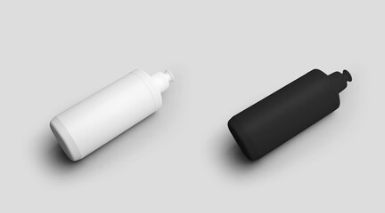 Mockup of a white, black push-pull jar for kitchen detergent, plastic container for design presentation.