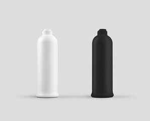 Mockup of a plastic white, black jar with flip top lid, bottle for detergent, for cleaning the kitchen, isolated on background.