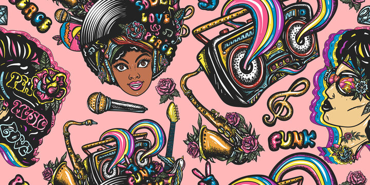 Disco, funk and soul. Lifestyle musical background. Old school music art. Seamless pattern. African American funky woman. Fashion hippie girl, audio type and rainbow boom box