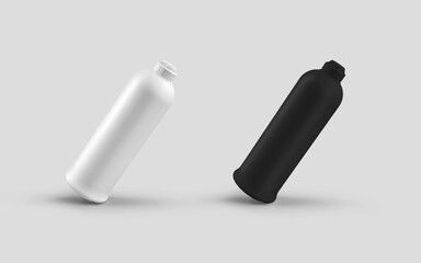 Set of templates of plastic white, black bottle with flip top cap, jar with chemistry, antiseptic isolated on background.