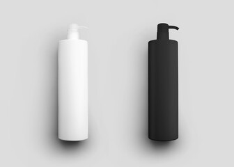 Template of white, black plastic bottle with dispenser for cream, gel, soap, jar with pump isolated on background.