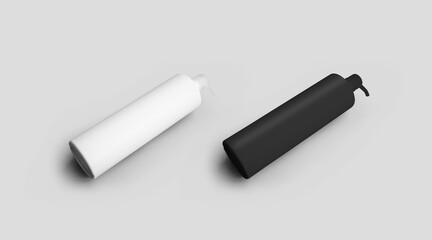 Mockup of plastic white, black bottle with pump for gel, lotion, cream, matte container isolated on background.