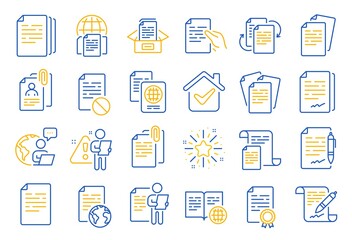Documents line icons. Copy files, Contract agreement, Passport. CV interview, documents workflow, attachment clip icons. Change files, wrong document, bureaucracy and contract signature. Vector