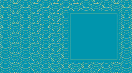 Vector creative design with Japanese wave background. Seigaiha - traditional Asian art heritage . Blue circles with gold lines and copy space for text. Modern pattern