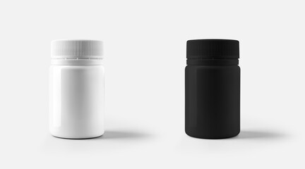 Mockup glossy round jar with lid for pills, supplements, plastic box for design presentation.