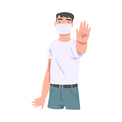 Young Man Wearing Face Mask Showing Stop Virus Sign with His Hand Vector Illustration