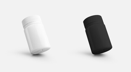 Glossy jar mockup presentation, white, black box for pills, gel, cream, plastic container isolated on background.