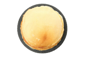 Tray with thin pancakes isolated on white background