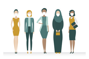 Women of different nationalities in medical masks. Vector illustration.