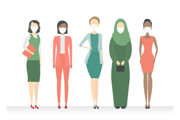 Fototapeta premium Women of different nationalities in protective masks. Vector illustration.