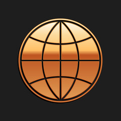 Gold Earth globe icon isolated on black background. World or Earth sign. Global internet symbol. Geometric shapes. Long shadow style. Vector.