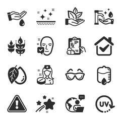 Set of Healthcare icons, such as Nurse, Washing hands, Uv protection symbols. Drop counter, Clean skin, Mineral oil signs. Wash hands, Eyeglasses, Gluten free. Prescription drugs. Vector