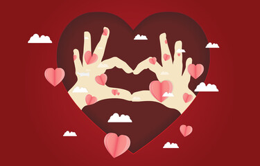 Hand make a heart shape on red background Vector illustration paper cut
