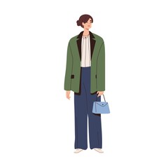 Stylish modern woman in fashion outfit. Model wearing loose jacket, blouse and tousers. Trendy clothes in urban casual style. Colored flat vector illustration isolated on white background