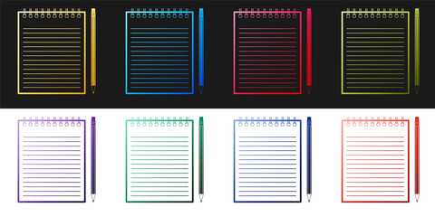 Set Blank notebook and pencil with eraser icon isolated on black and white background. Vector.