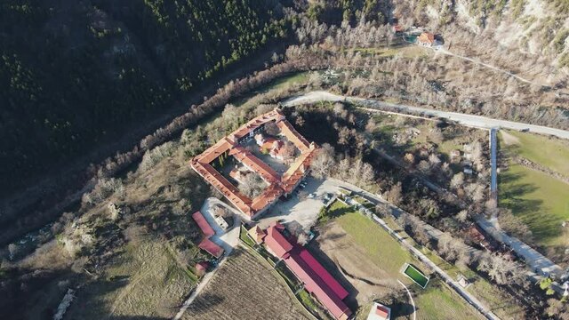 Aerial view of Medieval Bachkovo Monastery Dormition of the Mother of God, Bulgaria