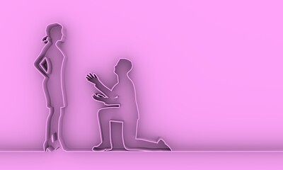 Silhouette of man in prayer pose. Man asking woman to marry him. Thin line style. 3D rendering.