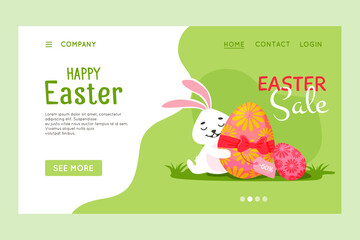 Happy Easter vector website template, web page and landing page design for websites and mobile websites. Rabbit hugs a beautiful egg with a gift ribbon.