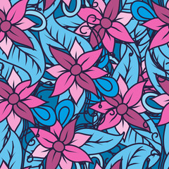 Seamless pattern of flowers, abstract, blue pink tender  print multicolor