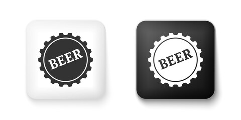 Fototapeta na wymiar Black and white Bottle cap with beer word icon isolated on white background. Square button. Vector.