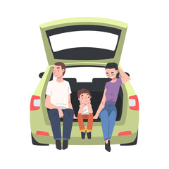 Naklejka na ściany i meble Family with Kid Sitting in Open Car Trunk Taking Picture Vector Illustration
